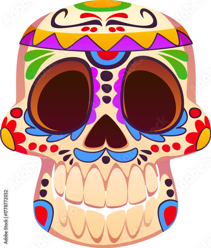 Day of the Dead holiday Dia De Los Muertos ornate sugar skull. Mexican festival attribute, Day of the Dead holiday isolated vector item. Mexico carnival with human skull with ethnic flower ornaments
