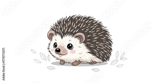 A cute and friendly cartoon hedgehog with spiky quills and a sweet expression, standing amidst scattered line-art leaves on a white canvas.