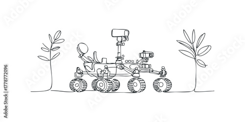 Line art rover vehicle with plant graphic
