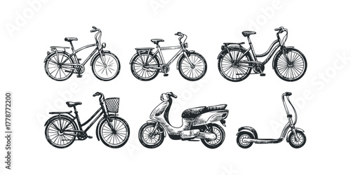 Collection of sketched bicycles and scooter types