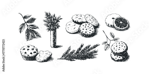 Sketch of baked goods and foliage elements