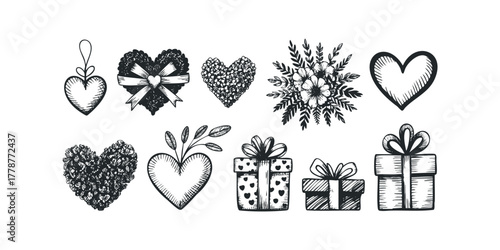 Collection of Hand Drawn Hearts and Gift Boxes