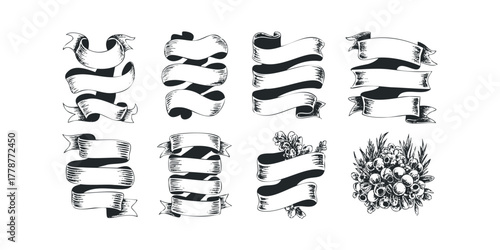 Collection of Hand Drawn Ribbon Designs with Floral Accents