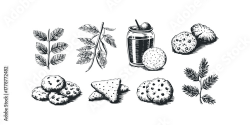 Hand drawn sweet biscuits and green leaf sprigs