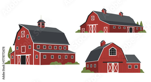 A collection of three stylized red barn illustrations with dark roofs and surrounding greenery, depicting various rural farm architecture.