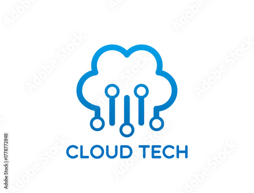 Cloud technology icon for data storage digital tech, vector emblem. Cloud app icon with circuit board for internet media information storage, online web access and data backup or storage program