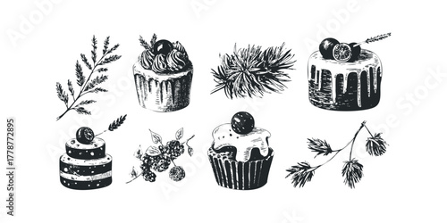 Sketch Collection of Cakes and Berries with Floral Accents