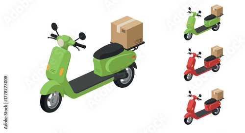 Isometric delivery scooter set with parcel in green, red, black variants