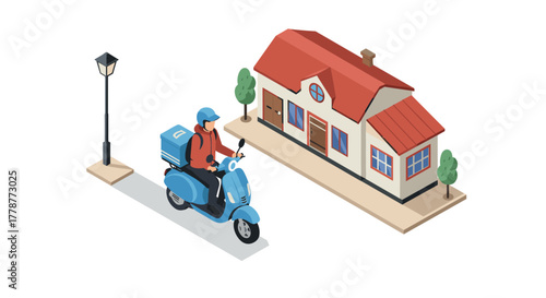 Isometric urban delivery scene with rider on scooter near cozy house