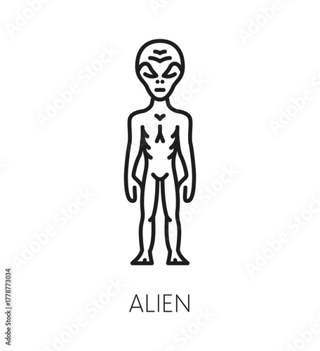 Space alien humanoid and astronomy thin line icon. Astronomy flight outline vector icon, space exploration linear sign. Galaxy outerspace research or discovery pictogram or cosmos travel symbol