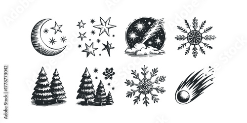 Collection of celestial and winter graphic elements
