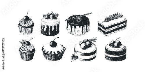 Group of sketched cakes and cupcakes with berries and cherries