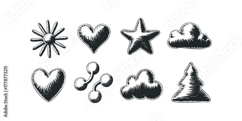 Set of Hand Drawn Icons Featuring Sun Heart Star Clouds and Tree