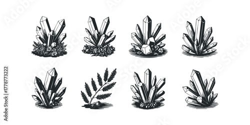 Clusters of crystals with surrounding foliage and flowers