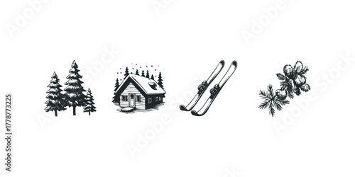 Winter cabin with pine trees and skis