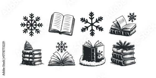 Winter themed illustrations of books and snowflakes