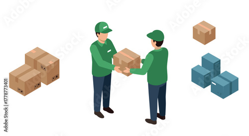 Isometric delivery service couriers exchanging parcel amidst stacked boxes