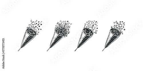 Four Hand Drawn Confetti Poppers Exploding With Streamers