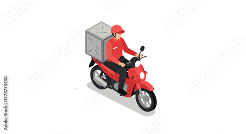 Delivery rider on scooter in red uniform with parcel box for fast food service