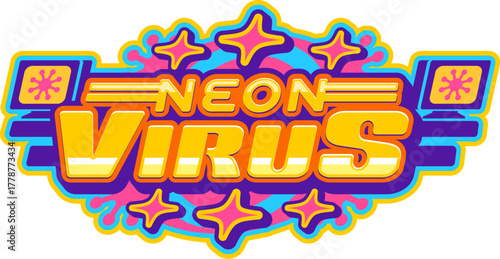 Computer virus Y2K retro icon or symbol. 1990s computer retro vector symbol, 2000s software vintage icon. Vintage PC funky emblem or sign with gold yellow, purple and violet typography