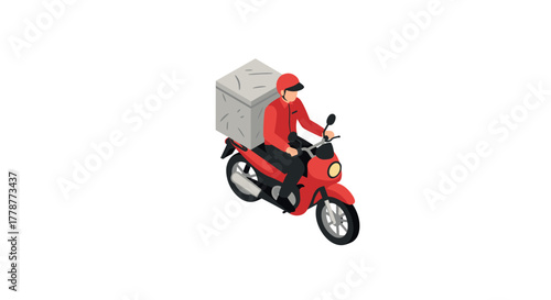 Isometric delivery person on motorcycle with cargo box illustration