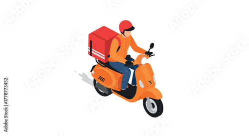 Isometric delivery rider on orange scooter with box in motion