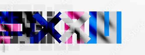 Abstract pixelated design. Blocks form text like shapes, using pink, blue, gray colors. Minimalist aesthetic, modern composition.