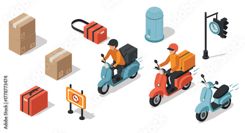 Isometric urban delivery scene with couriers on scooters and packages