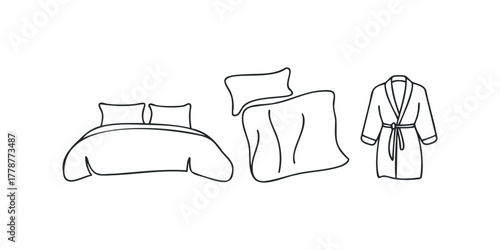Line drawing of a bed with pillows and a robe