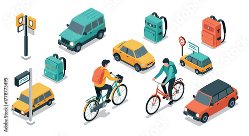 Urban transportation isometric design featuring cars, cyclists, and backpacks in a city environment
