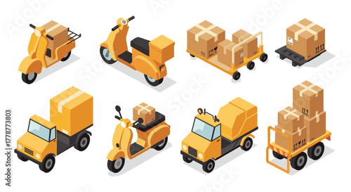 Isometric yellow delivery vehicles and packages for efficient urban transport