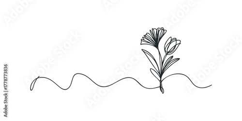 Continuous line drawing of delicate blooming flowers and wavy stems