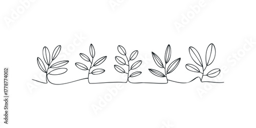 Continuous Line Drawing of Five Plant Stems with Leaves