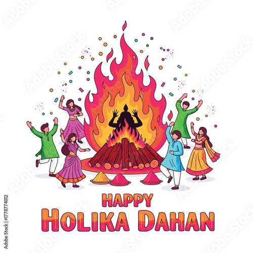 Joyful Holika Dahan Celebration with Bonfire and Festive People