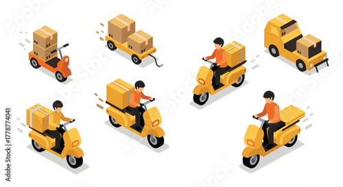 Isometric delivery vehicles and couriers with packages