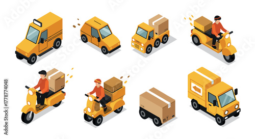Isometric delivery vehicles and scooters with parcels in motion