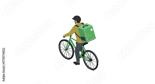 Isometric delivery cyclist on green bike for urban transportation concept