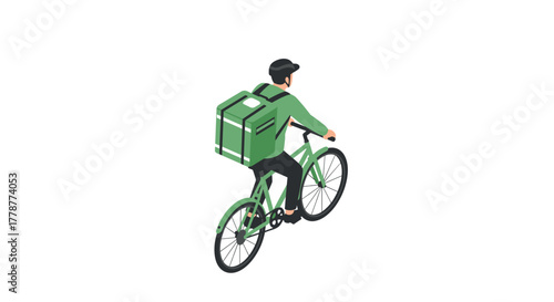 Isometric cyclist with delivery backpack on green bicycle