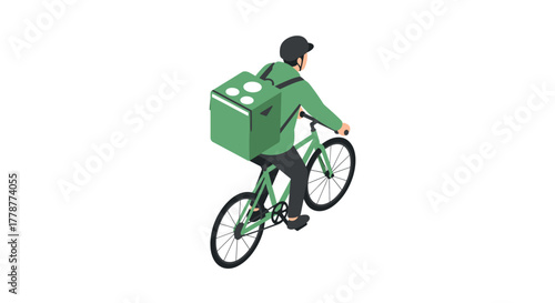 Isometric bicycle delivery modern urban cycling courier with green cargo box