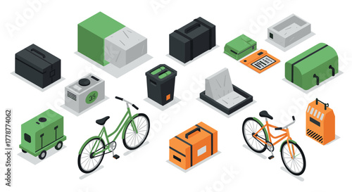Isometric urban commuting essentials and green technology concepts