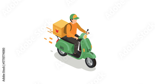 Isometric delivery person on a scooter with package on white background
