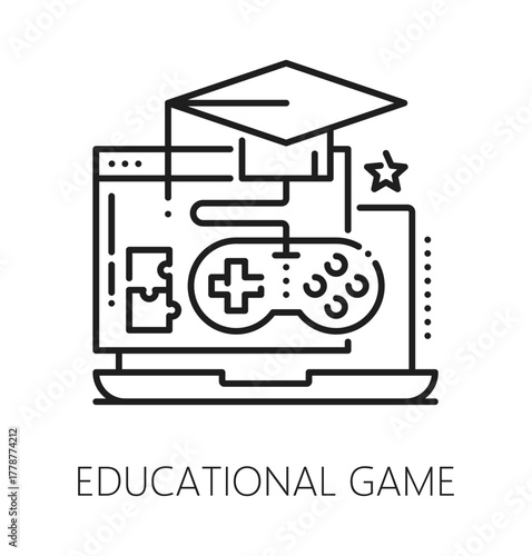 Online education game line icon or sign. Distance training lineart icon, online education classes line vector sign. Web courses school pictogram with laptop computer, graduation cap and gamepad