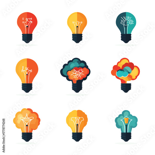 Collection of brain and light bulb icons representing ideas, knowledge, and intelligence.   high resolution   for isolate image