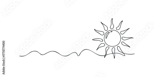 Single line drawing of a sun with wavy horizon