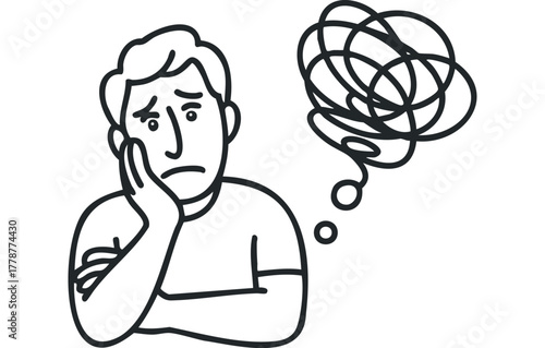 Confused man with tangled thoughts in speech bubble