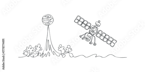 Satellite flying near planet and abstract foliage