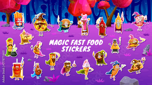 Cartoon fast food mage, sorcerer, Halloween magician, warlock and wizard characters, vector stickers. Fast food sandwich, ice cream, funny pizza, cheerful burger, sauce in magic Halloween forest