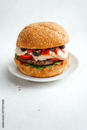 Hearty gourmet burger with fresh toppings on a sesame seed bun