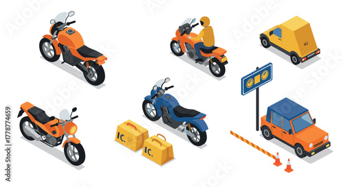 Isometric motorcycles and vehicles with travel icons on white background