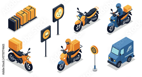 Isometric delivery icons featuring motorcycles and vehicles with packages
